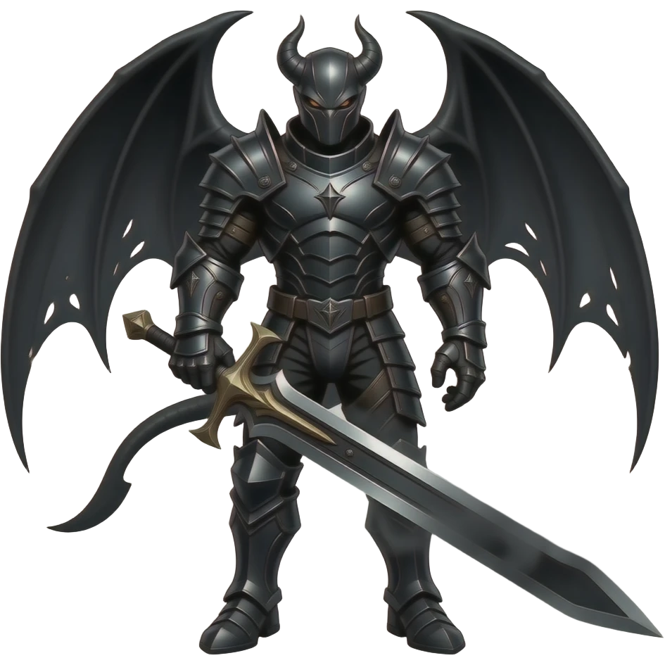 Shadow Monster with a cool armor on it and a sowrd which emiting a blag fog  its full black with two wings on its back emoji