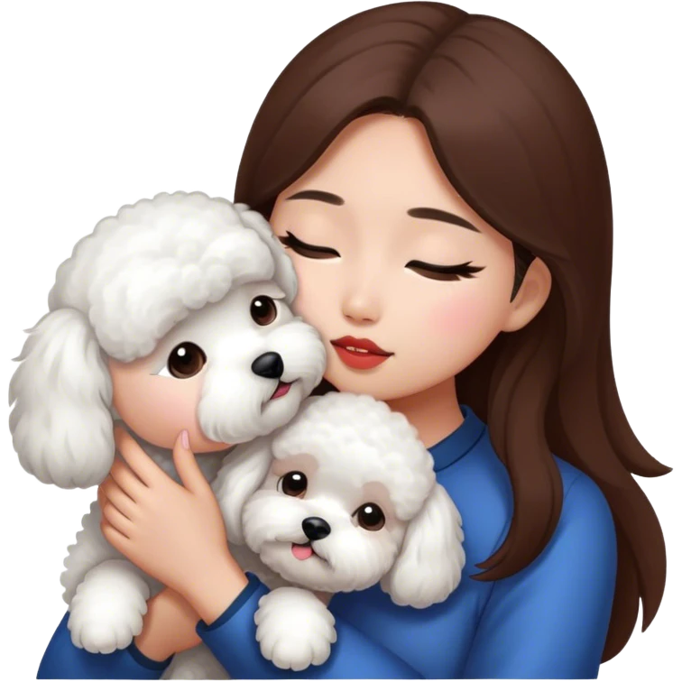 Asian girl with long brown hair kissing a white bichon emoji