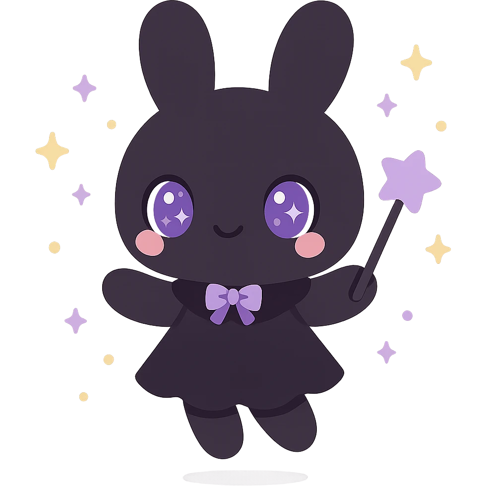 kawaii style magical gothic bunny, adorable face, black fur, purple eyes, holding a magic wand, floating with sparkles, sweet and whimsical emoji