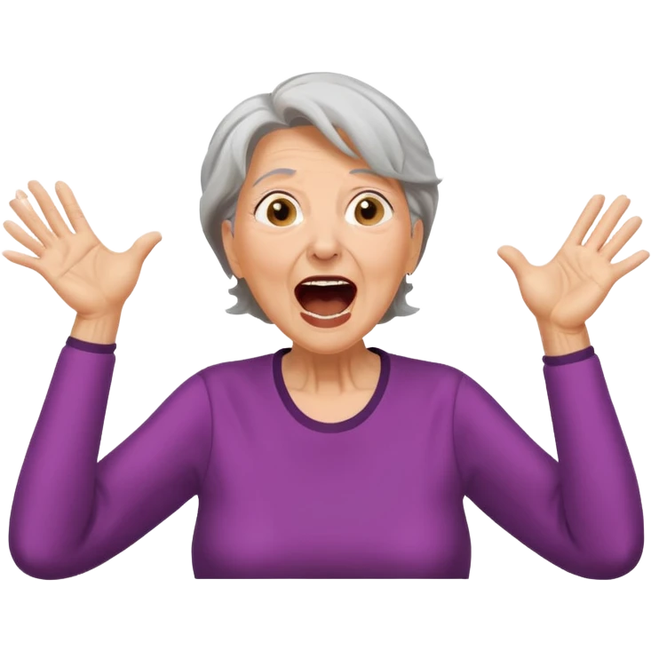 Older Woman jumping screaming and word “fraud” in a bubble emoji