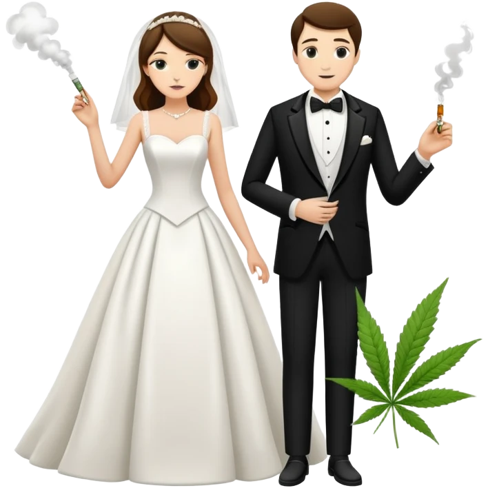 A bride in white wedding dress and groom in tuxedo, full body, smoking cannabis, side by side emoji