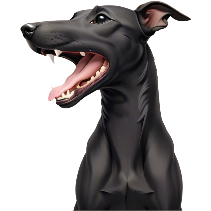 Cinematic Cute Yawning Black Greyhound Portrait Emoji, Head tilted slightly with a dramatic, wide-open yawn, showcasing a sleek black Fur with a polished finish, floppy ears slightly drooping, round dark eyes barely open in drowsy contentment, Simplified yet irresistibly adorable features, highly detailed, glowing with a soft, cozy glow, high shine, relaxed yet expressive, stylized with a touch of whimsy, bright and endearing, soft glowing outline, capturing the essence of a sleepy yet affectionate racer, so drowsy it feels like it could stretch out of the screen and curl up for a nap! emoji