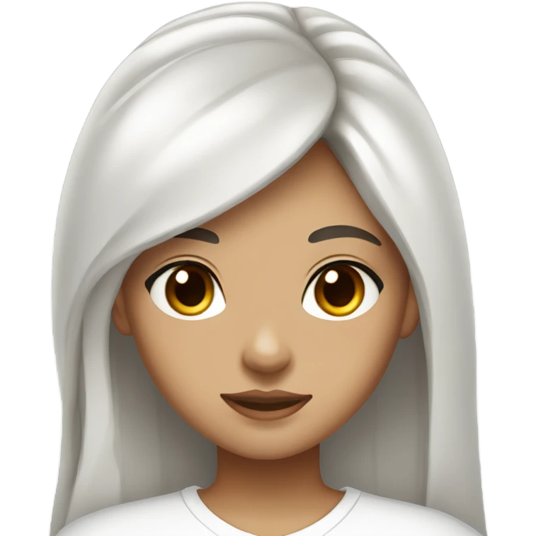Girl with white brown skin dark brown eyes wearing a white shirt with a silver necklace  and black brown long hair with bangs emoji