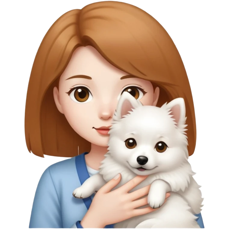 light brown hair girl with pale skin holding a Japanese spitz dog emoji