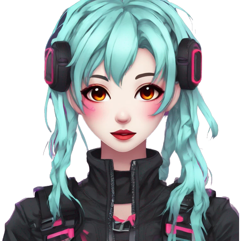 Gorgeous bright colorful neon gothic techwear anime style lady with blushing face aesthetic and pretty edgy black red punk messy hair with collar and harness trending style emoji