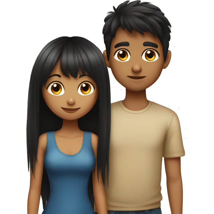 Girl with long back hair with bangs kissing boy with black hair tan skin emoji