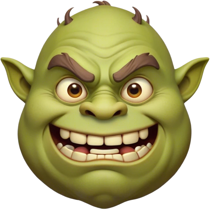 Cinematic Comical Ogre Portrait Emoji, with a strikingly exaggerated, bulky figure in vivid earthy greens and browns, head tilted in a dramatically surprised expression with wide, comically bulging eyes and a goofy, oversized grin, simplified yet hilariously exaggerated, highly detailed with a soft, cartoonish glowing outline capturing the playful absurdity of a meme-worthy ogre! emoji