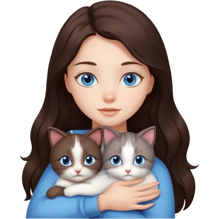 a pretty girl with long dark 
brown hair, with blue eyes, hugs 3 different natural coloured small cats emoji