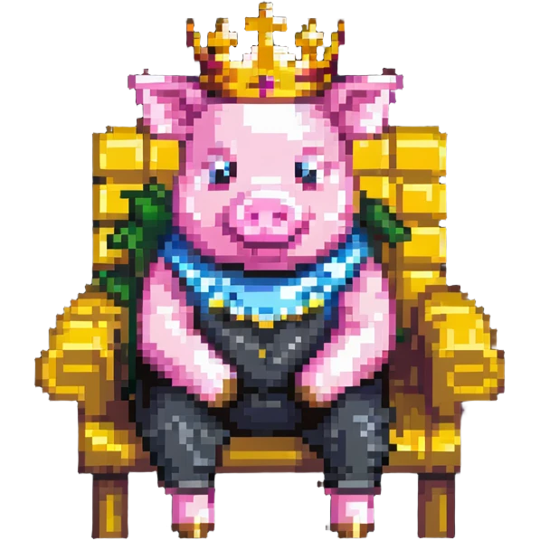 cartoon-like pixel art pig with a golden crown sitting on a throne, blocky and square like Minecraft, styled to look like LEGO Duplo blocks, chunky, colorful, simple emoji