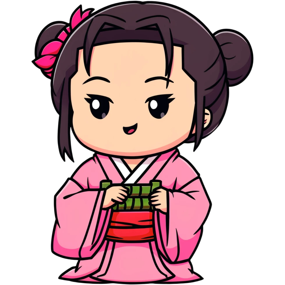 cute chibi Nezuko biting bamboo muzzle with her teeth clearly visible, pink kimono emoji