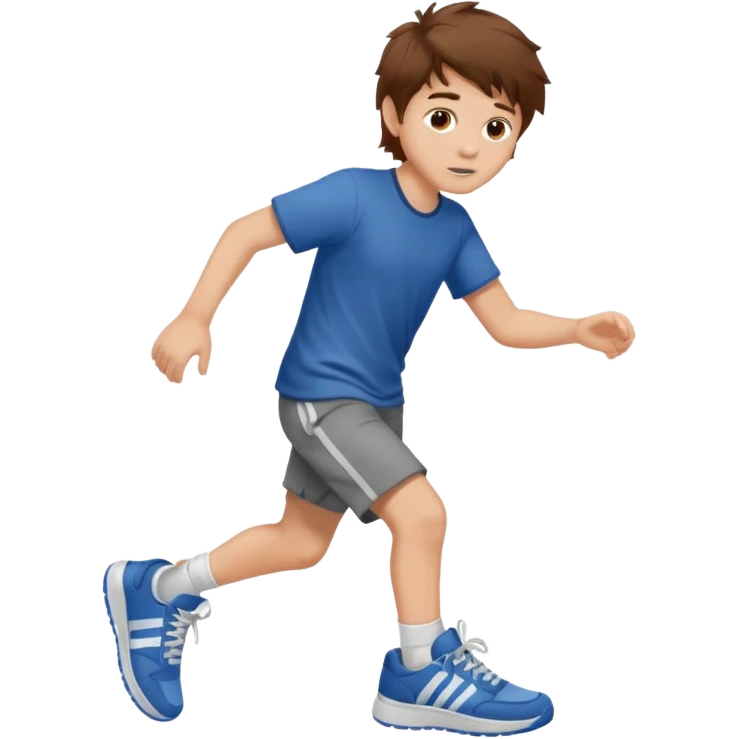 boy with messy brown hair bringing his foot closer emoji