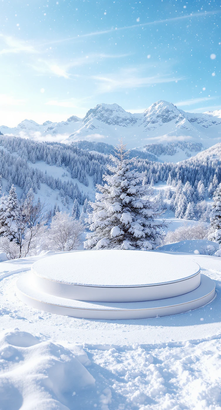Cinematic still of a winter landcape, sunny day, white circle stage on middle, snowy,christmas tree in snow, in background we can see beautifull snowy landscape, soft light, symmetrical, day --no curtains emoji