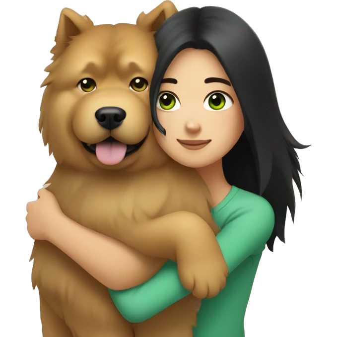 girl with long black hair and green eyes hugging a chow chow dog emoji