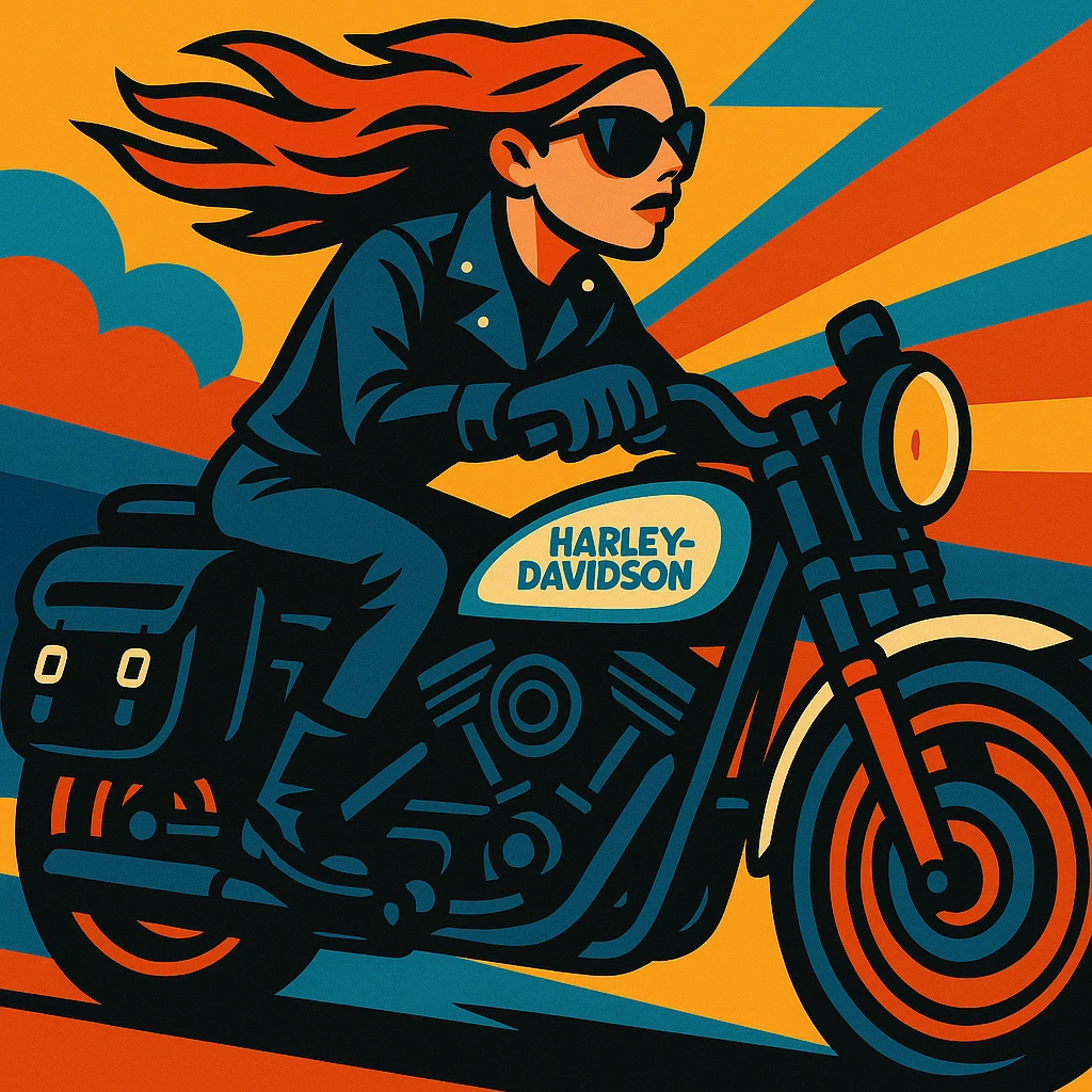 Add black leather saddle bags to the motorcycle, keep the vibrant toon style and all original details. emoji