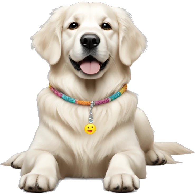 White golden retriever wearing a friendship bracelet emoji