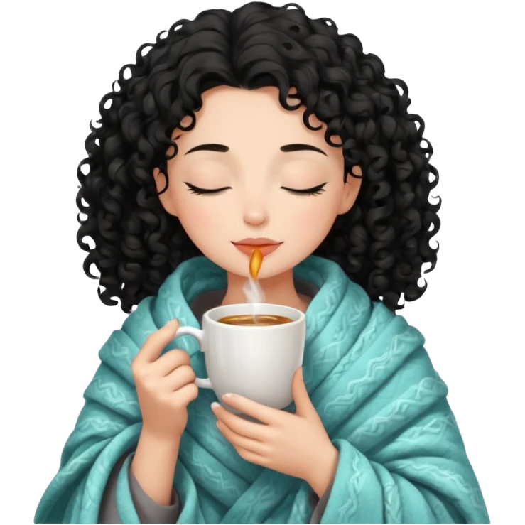 Gözleri kapalı, beyaz tenli ve kıvırcık siyah saçlı saç boyu orta omuzlarında bir kadın avatar, battaniyeye sarılmış halde beyaz bir Türk kahvesi fincanından içeceğini huzurla yudumluyor. emoji