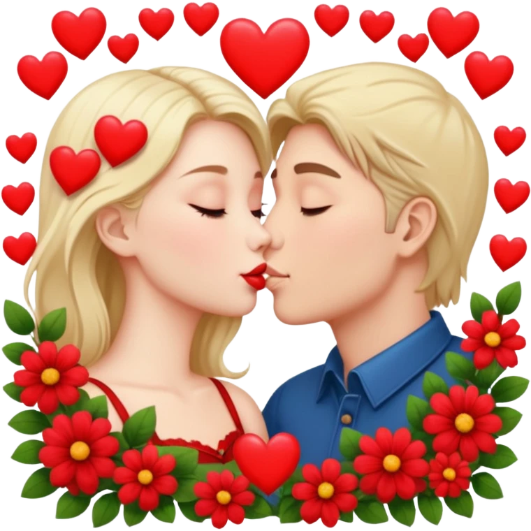 Hyper Realistic Couple kissing surrounded by red hearts and flowers emoji