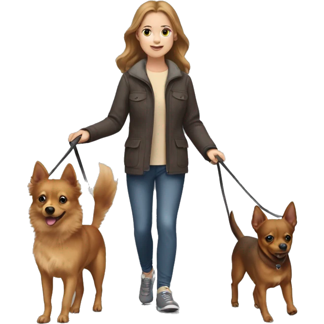 A light brown haired girl, walking a miniature Pinscher and a big light brown Spitz on the lead emoji