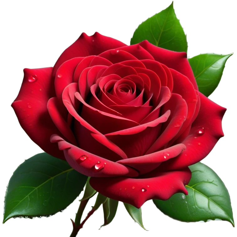 Cinematic Realistic Rose Emoji, Elegant and full of grace, with velvety, deep red petals unfurling in a perfect bloom, dew drops glistening on the soft edges, and a faint fragrance hanging in the air. The lush green leaves surround the stem, creating a vibrant contrast to the rich color of the petals. Soft glowing outline, capturing the essence of timeless beauty and romance in a single bloom. emoji