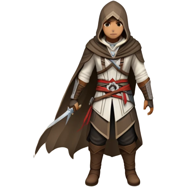 An icon representing an adventure game, inspired by Assassin's Creed. The design features a heroic character in hooded attire, scaling a tall building in a historical cityscape. The background shows ancient architecture and hidden symbols, symbolizing exploration and stealth. Transparent background emoji