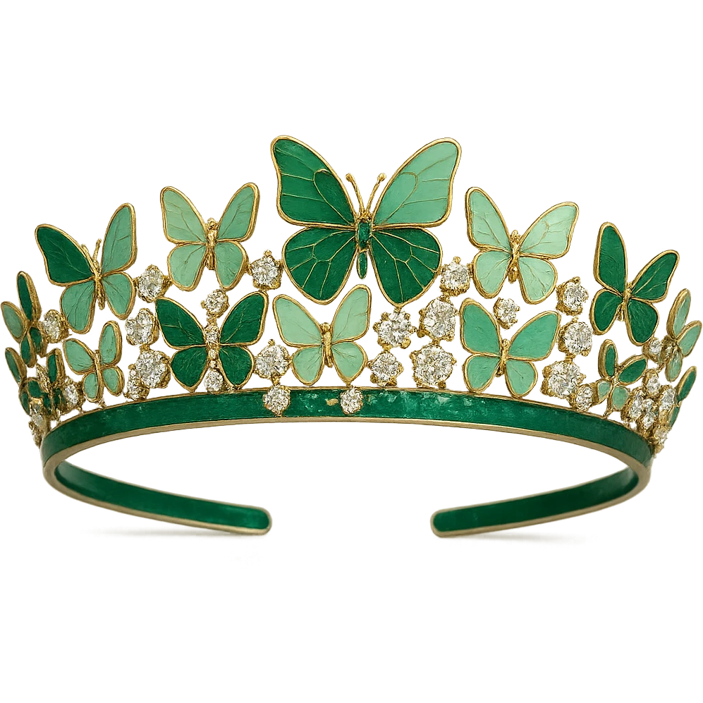 butterfly crown with an emerald green base, butterflies in pastel and deep green enamel, sparkling gems emoji