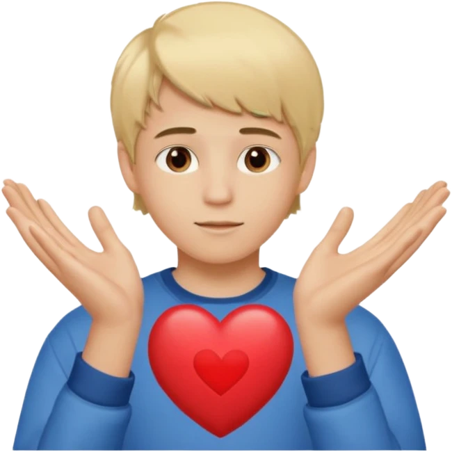 Un garçon blond aux yeux marrons de 13 ans qui tient avec ses mains un L avec des cœurs autour de son visage emoji