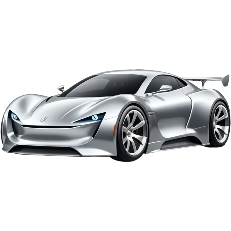 A low-profile futuristic car emoji made of polished silver chrome, wide body stance, smooth aerodynamic shape, glossy metallic surface, soft reflections, luxury swag aesthetic, minimal details, iOS emoji style, centered on clean white background, studio lighting emoji