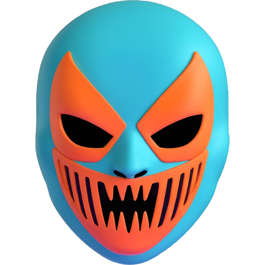 teal and orange ski mask with evil expression emoji