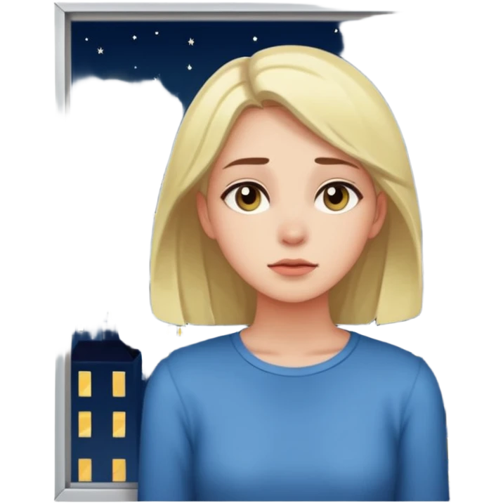 young woman gazing out a window at night, city lights outside, feeling lonely emoji