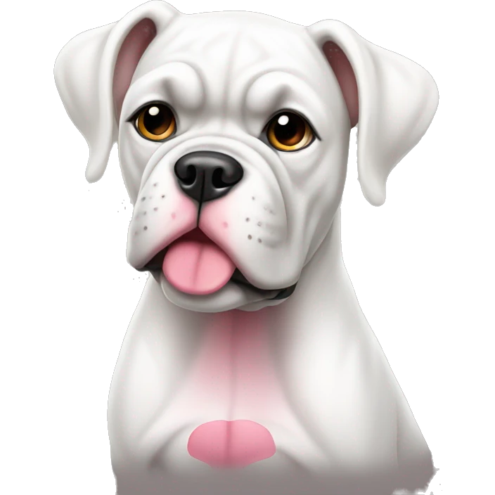 Sitting white boxer dog with pink nose emoji