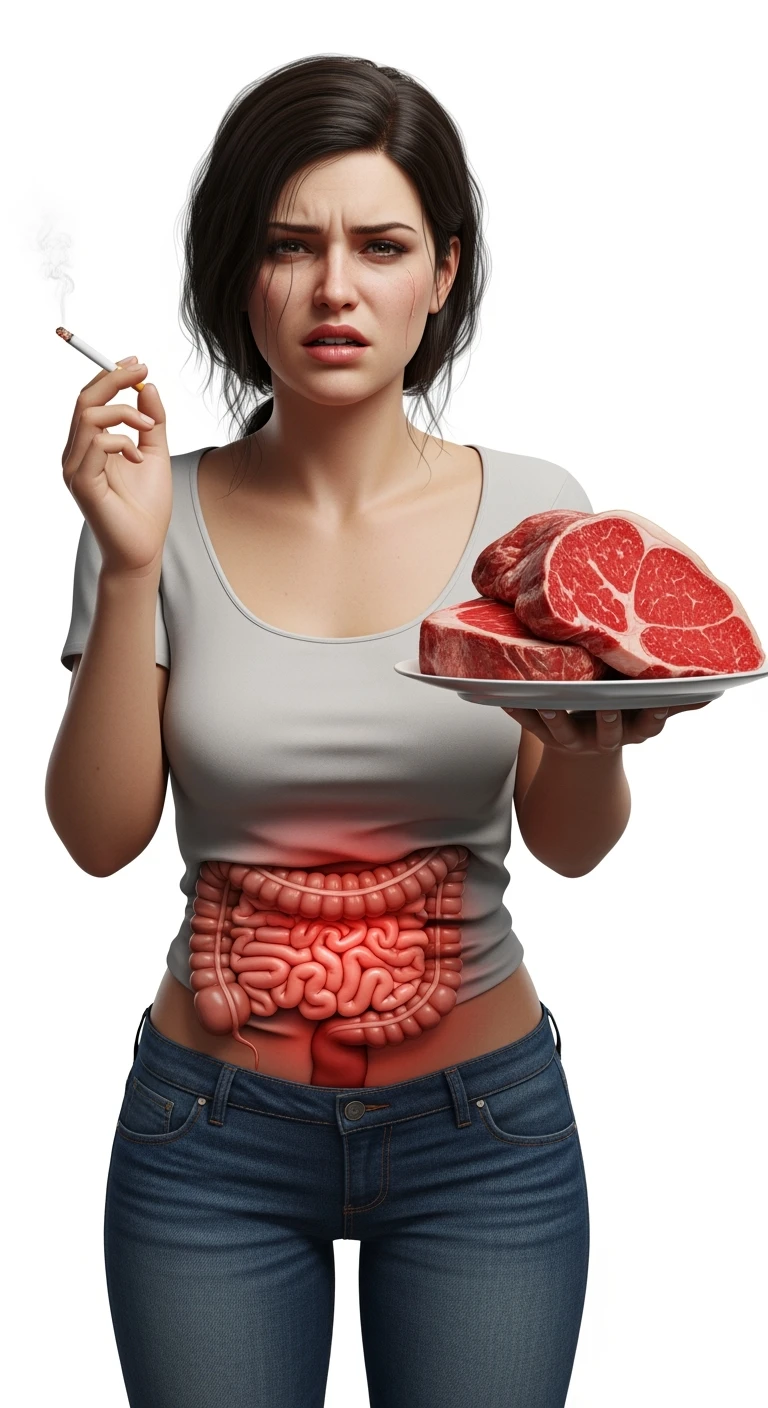 UNA DONNA REALISTICA CON UNA SIGARETTA IN MANO E UN PIATTO PIENO DI CARNE SIMMENTAL NELL'ALTRA MANO, INTESTINO ANATOMICO INFIAMMATO VISIBILE, MAL DI PANCIA, ISOLATA SU SFONDO BIANCO, IPERREALISTICA 4K emoji