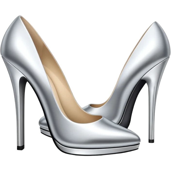 A pair of high heel shoes emoji made of polished silver chrome, elegant sharp silhouette, smooth metallic surface, glossy reflections, luxury sexy vibe, minimalistic iOS emoji style, centered, clean white background emoji