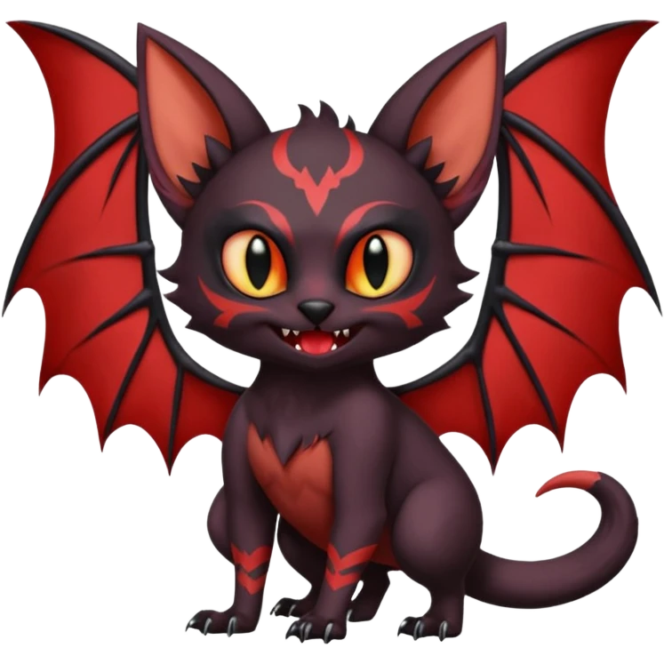 Vampiric Batty Black and Sanguine-red Noibat-Litten-Torracat-Lykoi-hybrid-fusion (full body) with big fangs, and bat-wings for ears emoji
