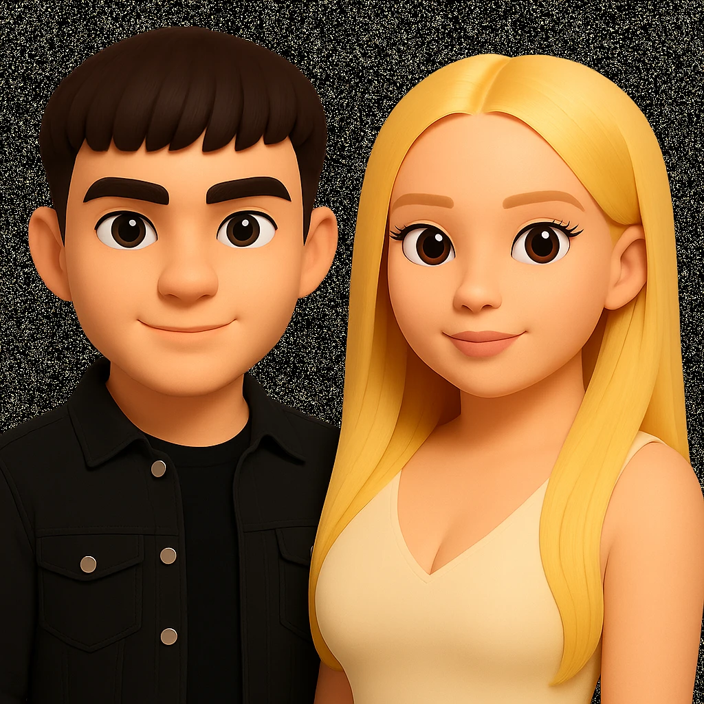 Slightly increase the volume of the upper body of the girl, slightly turn her to face forward, and make the skin color uniform. Maintain the cartoonish 3D style as in the reference image. emoji