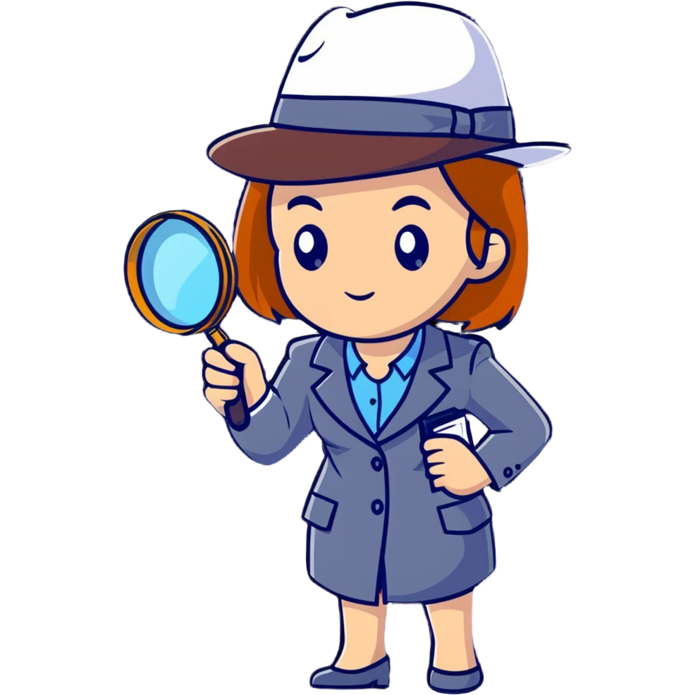 businesswoman with a detective hat and magnifying glass, looking closely at something emoji