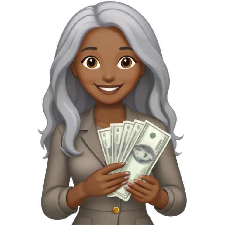 smiling black woman with long grey hair holding cash emoji