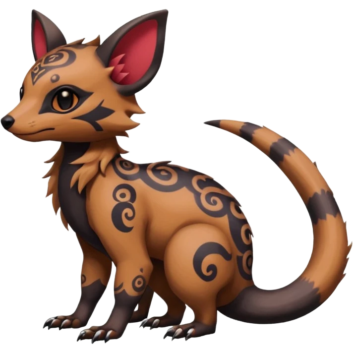 Rare warm-colored exotic cute epic aesthetic gothic colorful Salandit-Eevee-Civet-species-Fakemon-hybrid-creature, with intricate tattoo markings, full body emoji