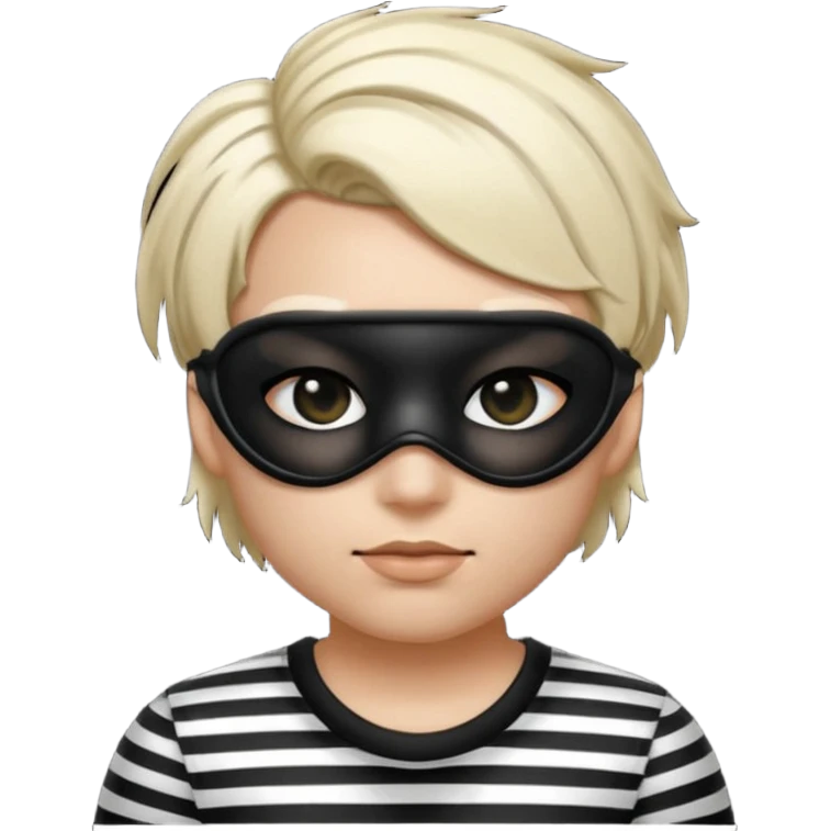 Realistic ios emoji-style portrait of a classic burglar, a black eye mask and a black-and-white striped shirt. Highly detailed, natural skin texture, soft cinematic lighting, realistic shadows, smooth gradients, clean outline, glossy reflections in the eyes. emoji-like hair emoji
