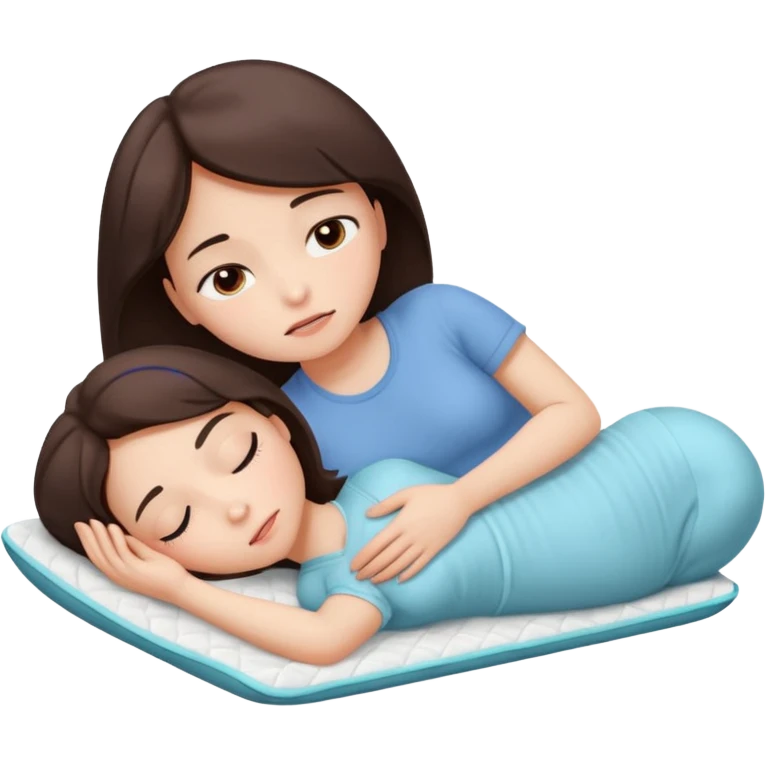  a brunette girl lying down on her side, holding a warm heating pad against her lower belly. She's uncomfortable and sad, her posture should show she’s having menstrual cramps. Use simple lines, rounded shapes, soft colors, and a clean emoji aesthetic. Make it expressive but still adorable emoji