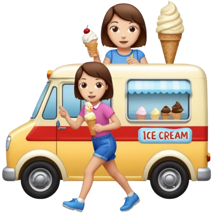 a girl with short brown hair chasing an ice cream van emoji