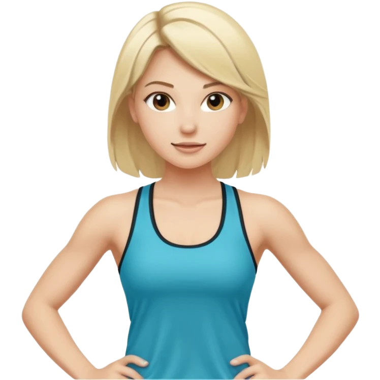fitness trainer girl with loose neat blonde hair with visible dark roots, wearing athletic tank top, energetic and sporty emoji