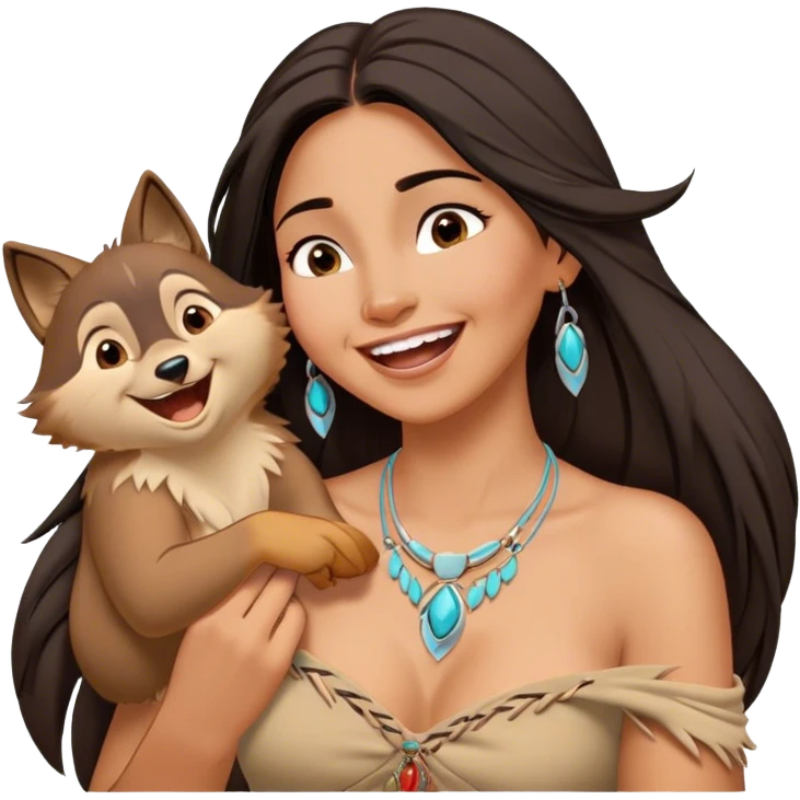 Cinematic Adorable Pocahontas Portrait Emoji, Laughing softly as Meeko tugs at her necklace, hair tousled in the wind, eyes full of warmth, a carefree spirit shining through, capturing the essence of beauty and playfulness! emoji
