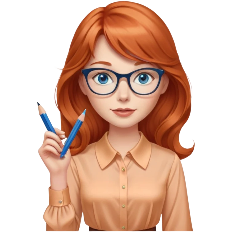 redheaded woman with very long wavy hair and bangs, blue eyes, clear cat-eye glasses, apricot silk blouse, pencil skirt, holding a pencil emoji