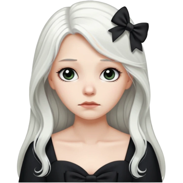 white long hair girl with black bow on her hair wearing black gown with a sad face emoji