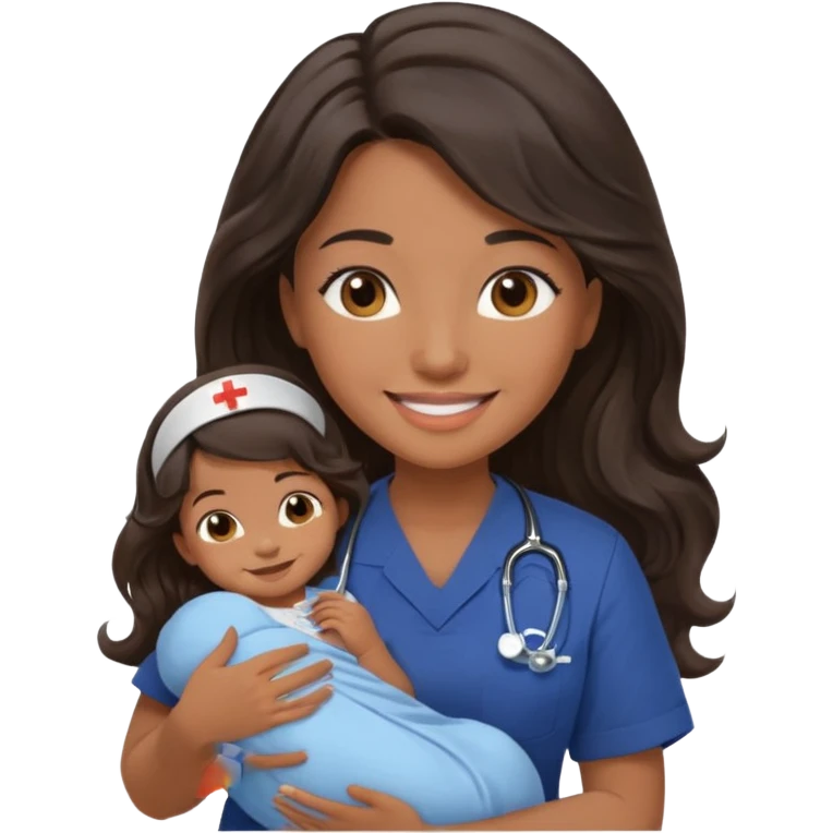 Female nurse smiling with long dark wavy hair with medium brown skin and brown eyes holding one new born with navy blue short sleeves emoji