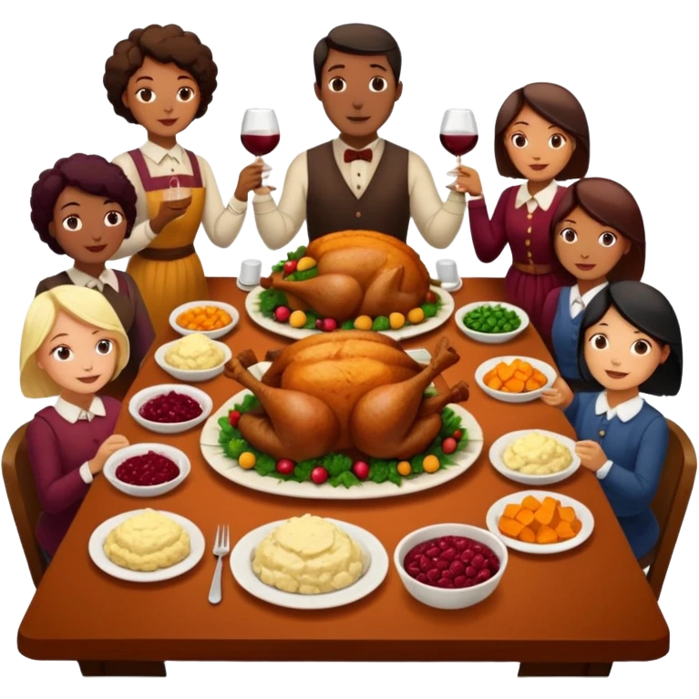 Thanksgiving Dinner with 10 people of different races around the table; have the food be a cooked turkey, mashed potatoes, corn, a basket of biscuits, a small bowl of cranberry sauce, baked yams, steamed vegetables, and a bottle of wine. emoji