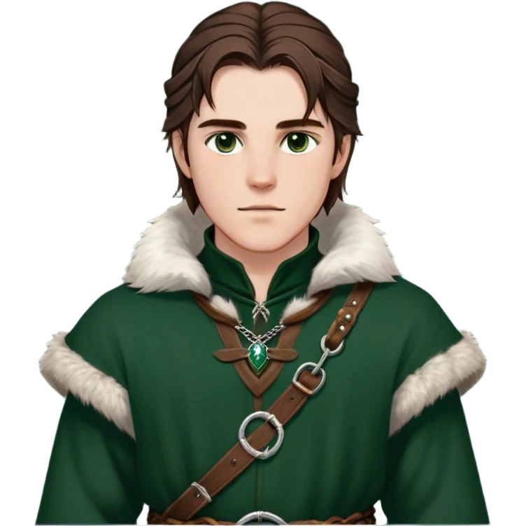 Medieval winter outfit worn by a DnD themed fantasy male character. Double-layered hunter green wool tunic with sable fur collar, featuring silver chain closures and a thick braided leather belt with iron fittings. Clothes only above the waist, full waist coverage. The character has no arms. Character is white-skinned with rich brown hair, amber-flecked eyes, and medium-length straight hair with ice-rimmed edges. emoji