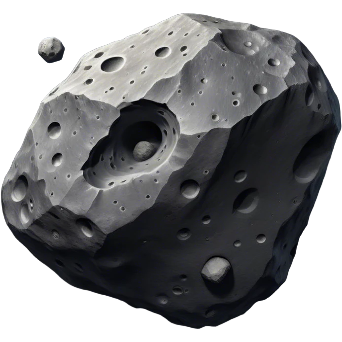  Cinematic Realistic Asteroid – A massive, irregularly shaped rock floating through the void, its cratered and pitted surface showing signs of ancient impacts. The harsh light from a nearby star reveals detailed textures and rugged, jagged edges. emoji
