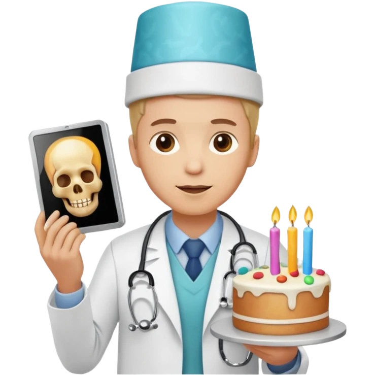 doctor emoji holding X-ray, birthday hat with cake on top. emoji
