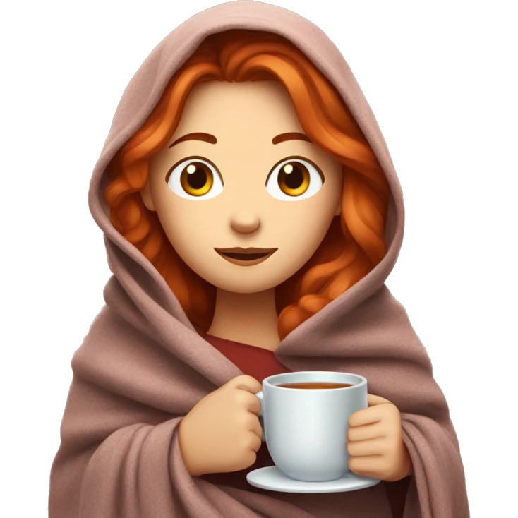 red-haired girl covered herself with a blanket and a mug of tea emoji
